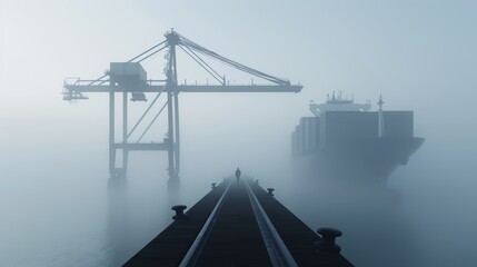Fototapeta premium Jetty at dusk, silhouette of a massive freight liner, cranes moving merchandise, atmospheric lighting