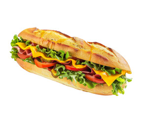 Fresh deli sandwich with lettuce, tomatoes, cheese, and ham on white background..