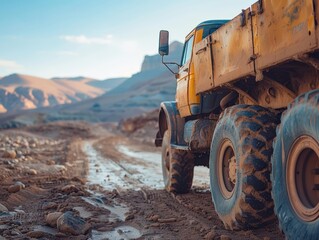 Obraz premium Off-Road Truck Driving on a Dusty Desert Path, Big Wheels in Focus