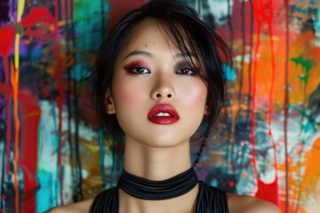 Fototapeta premium Woman with Bold Makeup Against Colorful Abstract Background 
