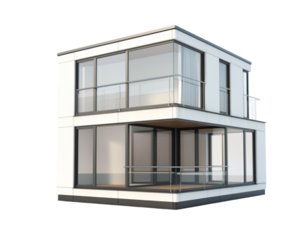 Modern cube house with large windows and balcony on white background..