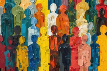 Naklejka premium diverse crowd of stylized human figures in vibrant colors arranged in dynamic composition abstract representation of unity diversity and social connection