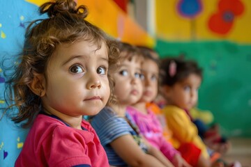 diverse group of wideeyed toddlers sitting in a colorful classroom captivated by an unseen teachers lesson