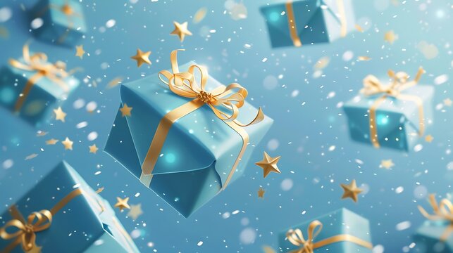 High-quality illustration of blue presents with sleek golden ribbons, on a sky blue background with pastel stars, festive style