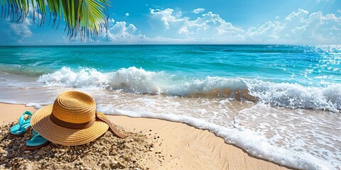Obraz premium Palm leaves, blue sea, and tropical sand on beach.