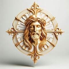 A 3D Gold stylized portrait of Jesus, The God face with closed eyes, depicted with elegant