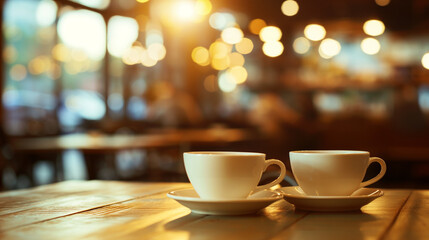 Fototapeta premium Coffee cups on table blur Restaurant cafe interior background