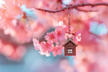 dreamy closeup of houseshaped keychain dangling from blooming cherry blossom branch soft focus and pastel colors evoke feelings of new beginnings and home ownership aspirations