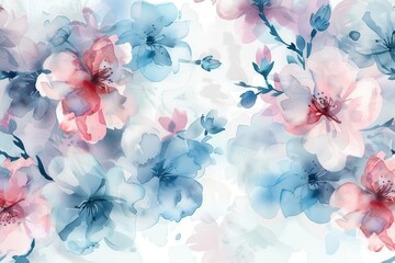 dreamy watercolor floral pattern soft blue and pink blossoms delicate brushstrokes ethereal white background romantic atmosphere