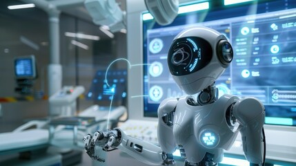 Advanced medical robots interact with virtual charts, conducting diagnostics in a futuristic clinical setting