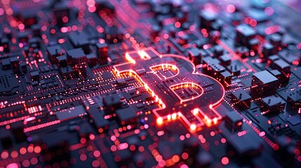 A 3D low-poly rendering of a bitcoin symbol set against a futuristic digital backdrop with angular shapes and glowing lights, illustrating the cutting-edge technology behind digital currencies