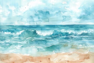 dreamy watercolor seascape blending soft hues of blue turquoise and sand evoking a serene and refreshing summer ambiance