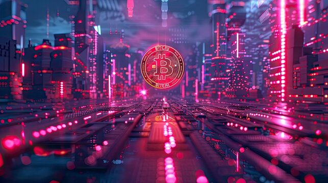 A futuristic low-poly 3D scene featuring a golden bitcoin symbol floating above a digital grid with neon lights and abstract shapes, highlighting the digital and innovative nature of