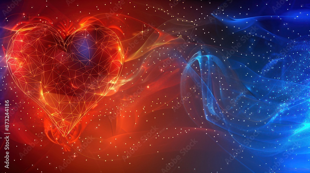 Canvas Prints abstract digital artwork depicting a dynamic heart shape with red and blue energy flowing around it,