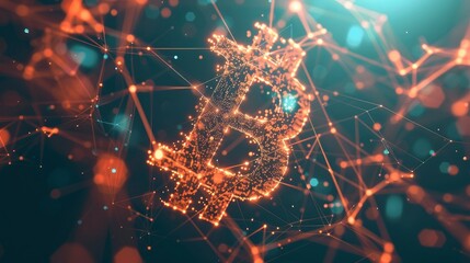 A 3D low-poly rendering of a bitcoin symbol amidst a network of interconnected geometric nodes and lines, symbolizing the decentralized nature of blockchain technology