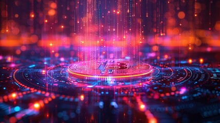 A low-poly 3D rendering of a bitcoin coin floating above a futuristic digital grid, with glowing data streams and abstract shapes, illustrating the concept of digital currency