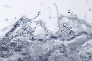 dynamic water splash frozen in time crystalline droplets suspended in midair against a pristine white background ripples and waves create intricate patterns