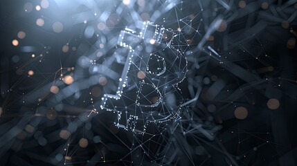 A 3D low-poly rendering of a bitcoin symbol amidst a web of interconnected nodes and lines, symbolizing the decentralized nature of blockchain technology