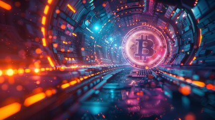 Obraz premium A low-poly 3D rendering of a bitcoin coin floating in a futuristic digital environment, with abstract shapes and vibrant neon lights, illustrating the modern world of cryptocurrency