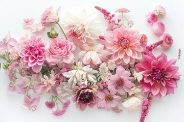 elegant floral arrangement featuring a variety of pink flowers in different shades and textures artfully composed against a pure white background