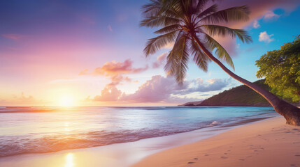Fototapeta premium Beautiful tropical beach with palm tree at sunset