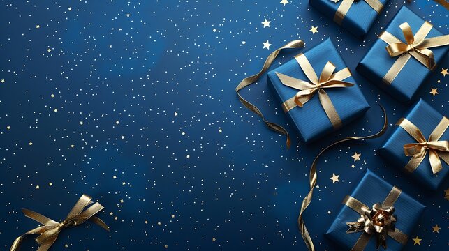 High-resolution image of blue gifts with bold golden ribbons, against a cobalt blue background with small white stars, artistic style