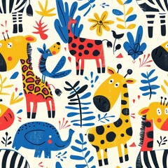 Fototapeta premium A whimsical 2D illustration of African safari animals like giraffes, zebras, and hippos. The cartoon-style seamless pattern features bright, bold colors and is great for use in children's decor or