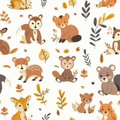 Obraz premium Delightful seamless pattern of forest animals such as bears, deer, and squirrels in a cartoon style. The 2D illustration is designed with a soft color palette, making it perfect for baby products,