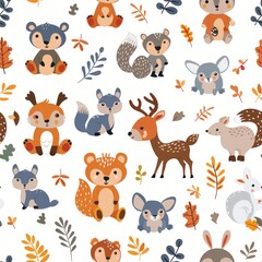Obraz premium Delightful seamless pattern of forest animals such as bears, deer, and squirrels in a cartoon style. The 2D illustration is designed with a soft color palette, making it perfect for baby products,