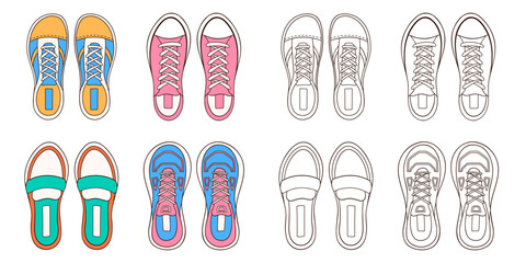 Female, women sneakers set in cartoon. Line art casual shoes icon. Design for coloring book. Vector illustration isolated on a white background.