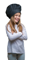 Young beautiful girl wearing chef hat uniform over isolated background happy face smiling with crossed arms looking at the camera. Positive person.