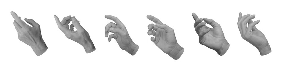 Index finger pointer pointing, indicating, showing, reaching out, tapping, clicking from different angles, set, hand sign isolated on white background., transparent PNG cutout