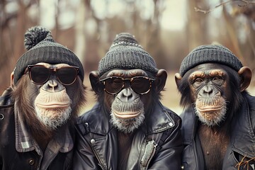 Three stylish wearing sunglasses and beanies, posing together in leather jackets, showcasing a fun and quirky fashion statement.