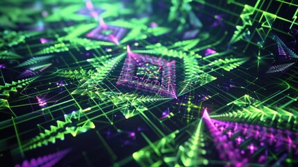 A digital rendering of geometric fractals expanding infinitely, with intricate patterns of triangles and squares in neon green and purple.