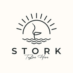 stork bird line art logo vector minimalist illustration design, stork with nature view logo design