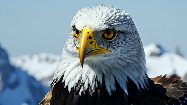 Bald eagle in winter snow mountain background