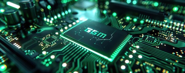 Obraz premium A green electronic device glowing curciut board on graphic card.