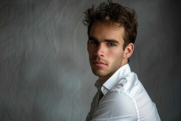 enigmatic male portrait young man in crisp white shirt poses confidently against a neutral gray backdrop dramatic side lighting accentuates facial features creating an air of mystery and intrigue