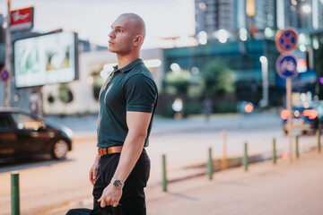 Fototapeta premium Confident businessman walking in the city at night with a focused expression, carrying a bag, wearing a casual shirt and watch.