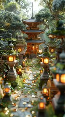 Fototapeta premium Ancient Japanese Temple Surrounded by Lush Greenery and Stone Lanterns