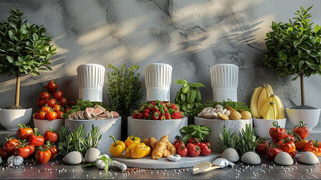 Culinary competition stage podium with chef's hats, cooking utensils, and gourmet food displays. , Minimalism,