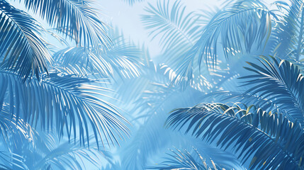 A blue and white image of palm trees with a light blue sky