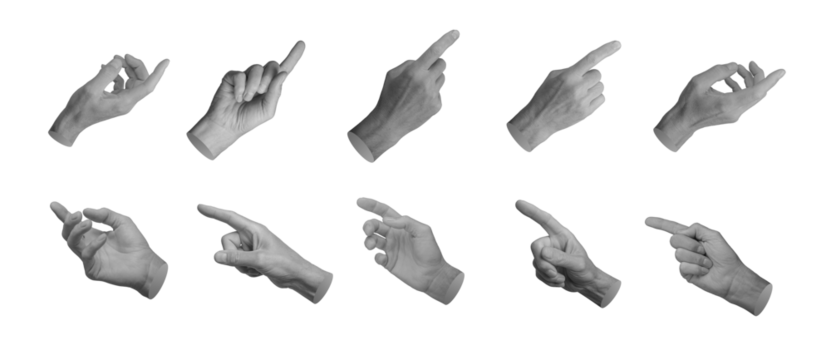 Index finger pointer pointing, indicating, showing from different angles, set, hand sign isolated on white background., transparent PNG cutout