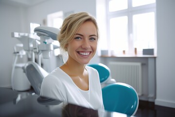 Smiling woman in dental clinic sitting in chair