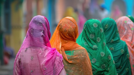 Women in Traditional Indian Dress Walking Through a Street Market