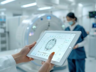 Health Professional Analyzing MRI Results on Tablet with MRI Machine in Clinic Background