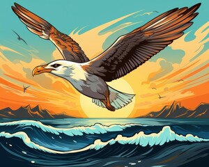 Obraz premium Albatross gliding over ocean waves flat design top view marine theme cartoon drawing vivid