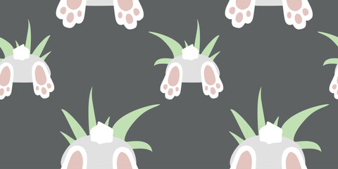 Cute Flat Vector Easter seamless pattern with Bunnies in Hole with Green Grass. Spring beautiful background with Rabbit Bottom, great for Easter Card, banner, textile, wallpaper Cartoon design, Fabric