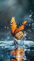 Monarch butterfly gently touching the surface of water, creating a small splash