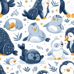 A charming seamless pattern of arctic animals including penguins, polar bears, and seals in a cartoon style. The 2D illustration uses cool tones and is perfect for winter-themed projects, kids'